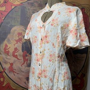 Vtg 90’s Jessica Keyhole Neck Pearl Detail Floral Button-Down Dress Corset Back